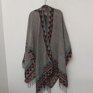 Urban Coco Shawl Poncho Geometric Patterned with‎ Fringe Aztec Gray Orange Blue